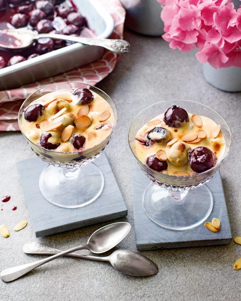 Roasted buttered cherries with orange sabayon and toasted almonds