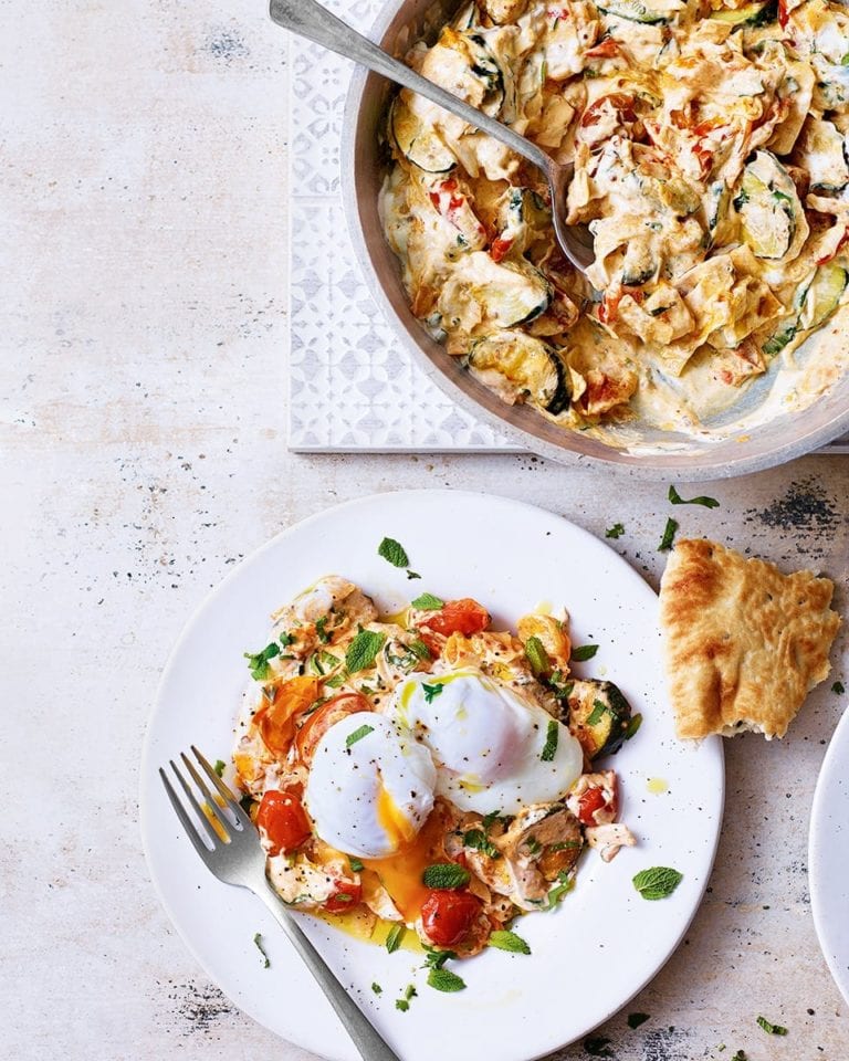 Courgettes with chilli-spiced yogurt and poached eggs