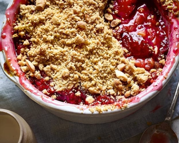 Nutty plum and sloe gin crumble