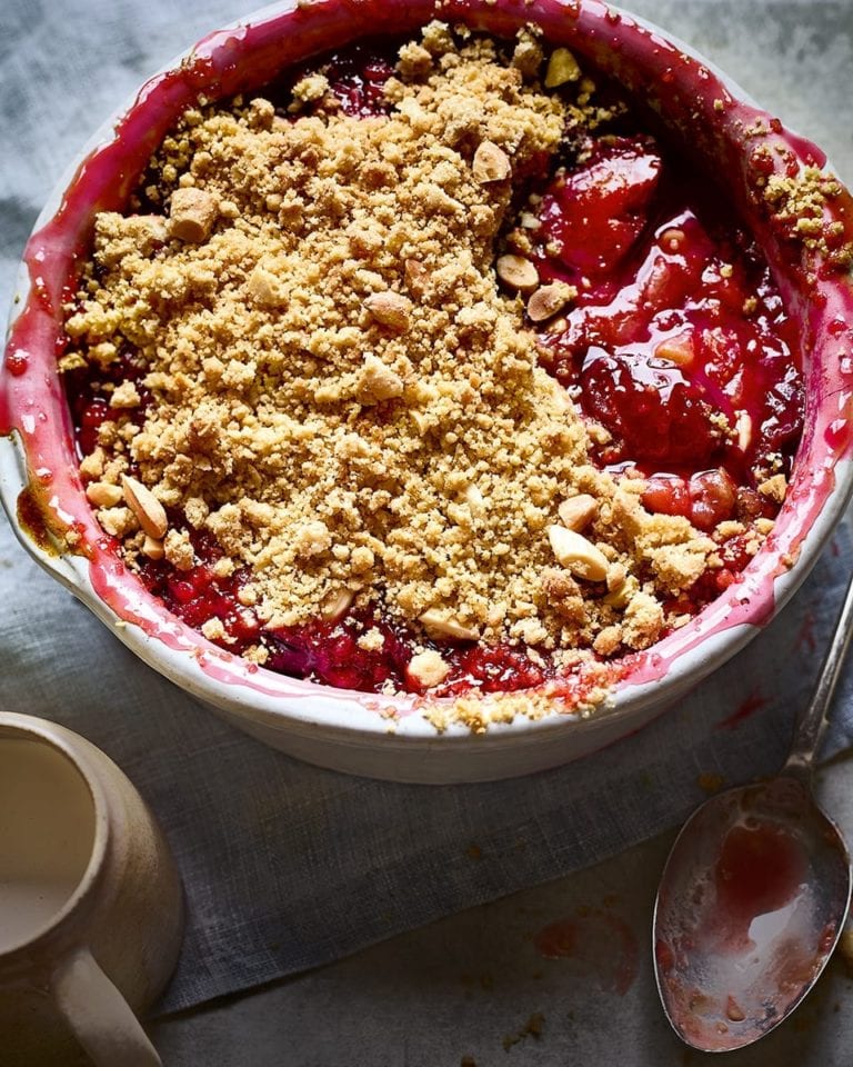 Nutty plum and sloe gin crumble