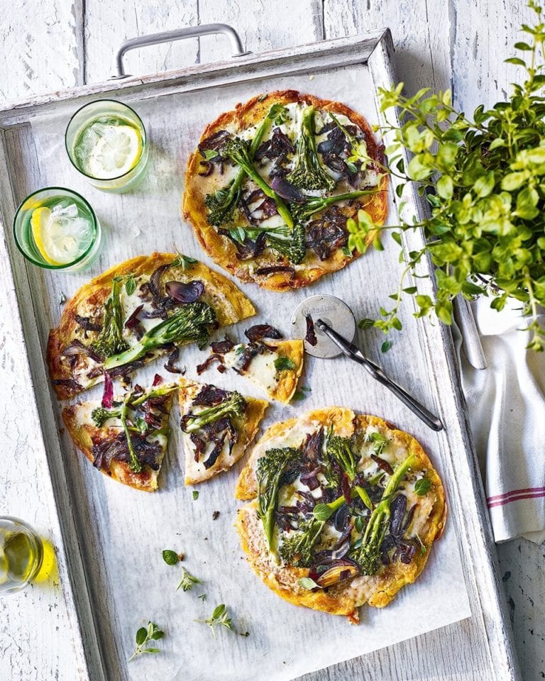 Socca pizzas with taleggio and broccoli