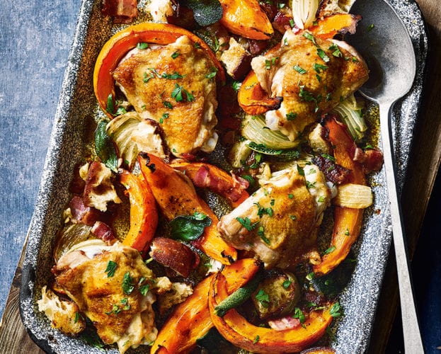 Roast chicken, sage and onion traybake