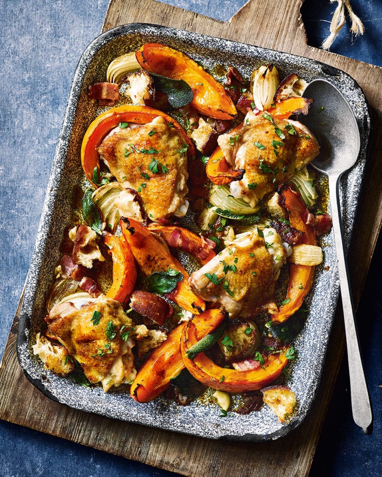 Roast chicken, sage and onion traybake