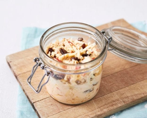 Bircher-style sultana and apple oats in a glass jar