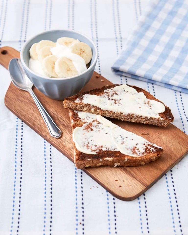 Cream cheese toast served with banana yoghurt