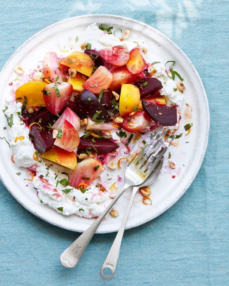 Baked beetroot with herby hazelnut crumb and goat’s curd