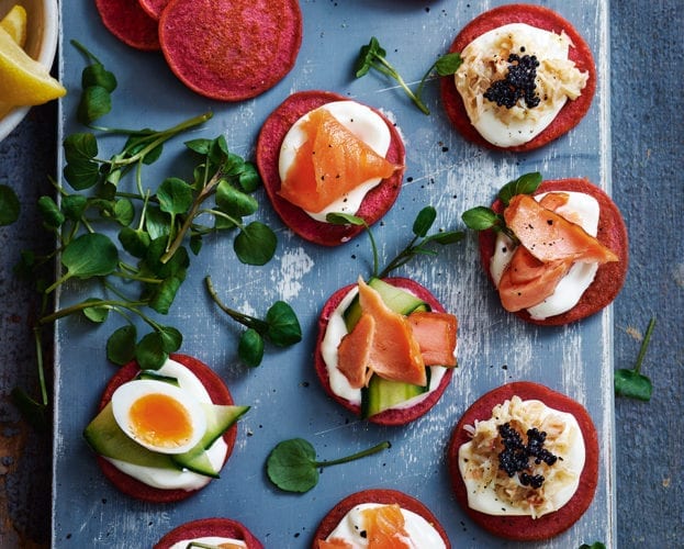 Mini beetroot and horseradish blinis