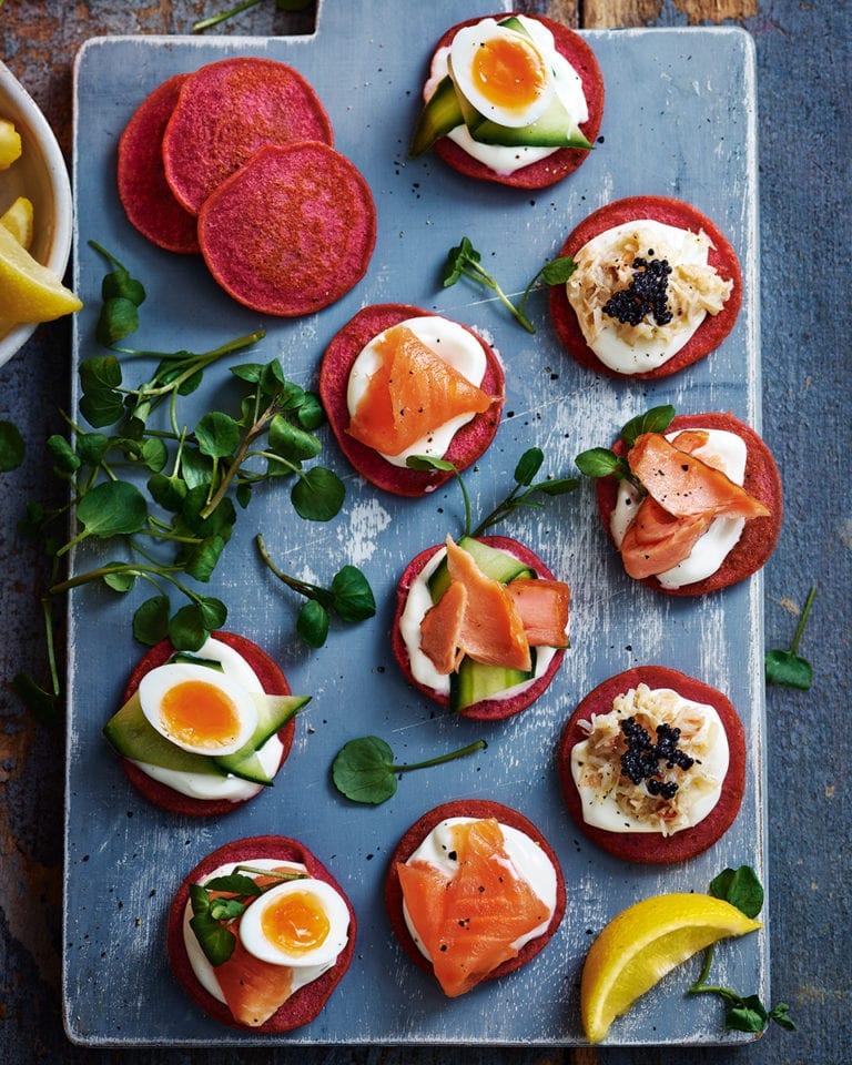 Mini beetroot and horseradish blinis