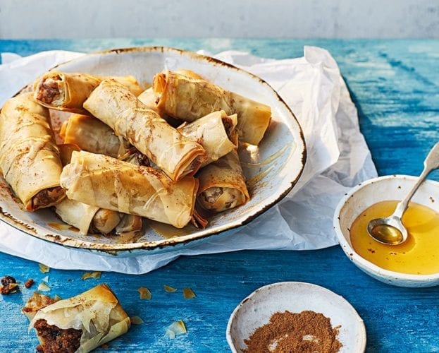 Hazelnut, apple and tahini pastry cigars