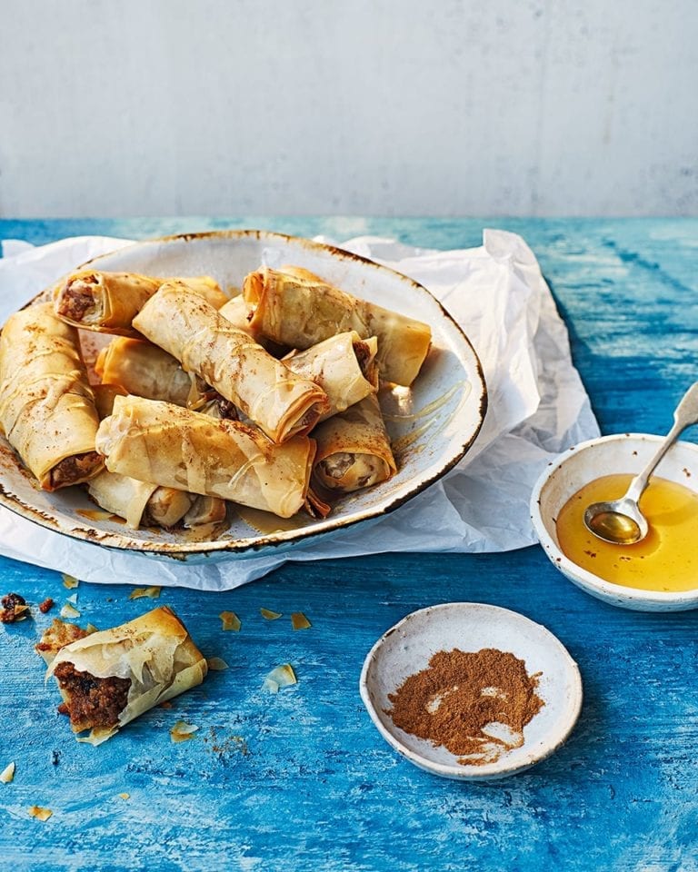 Hazelnut, apple and tahini pastry cigars