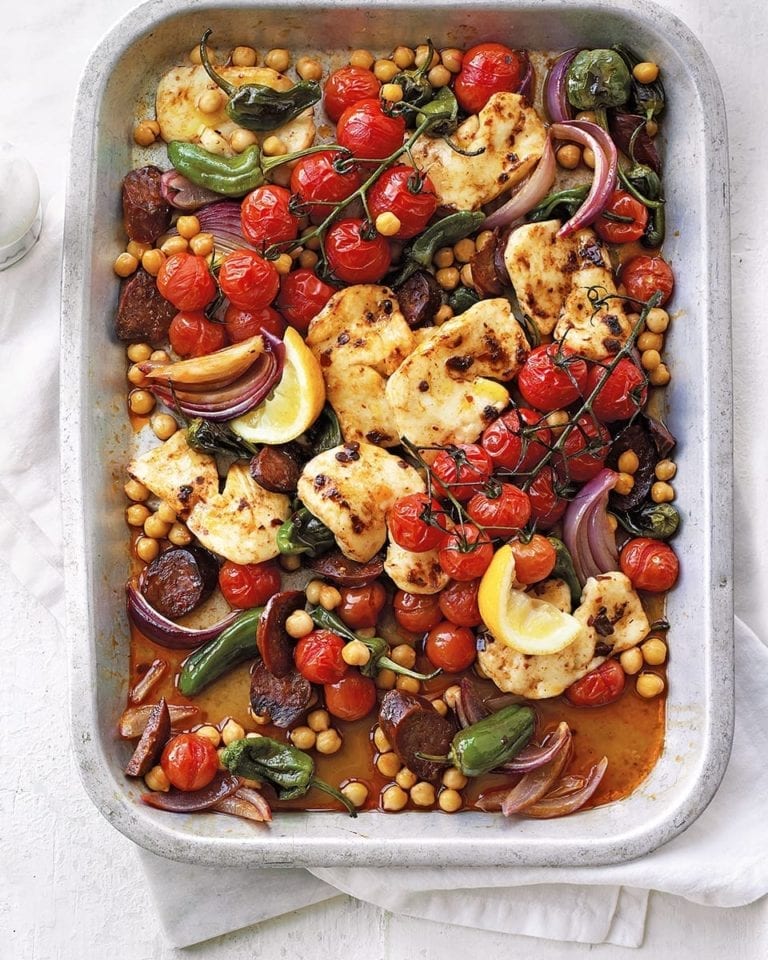 Chorizo, halloumi and tomato traybake