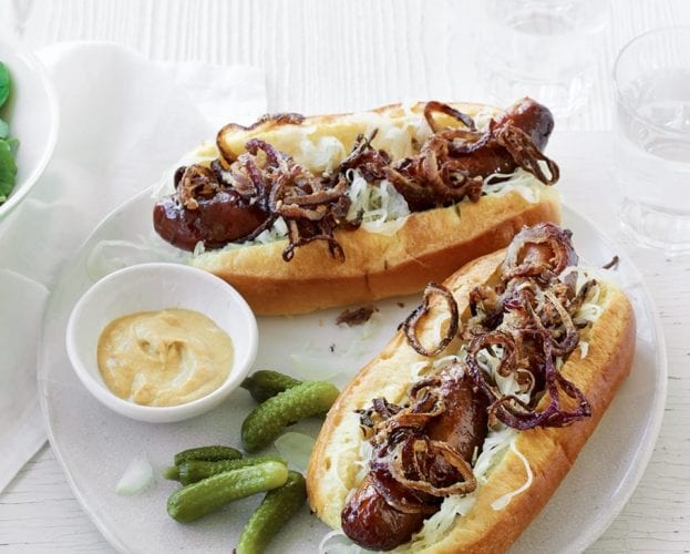Hot dogs with sauerkraut and crispy fried onions