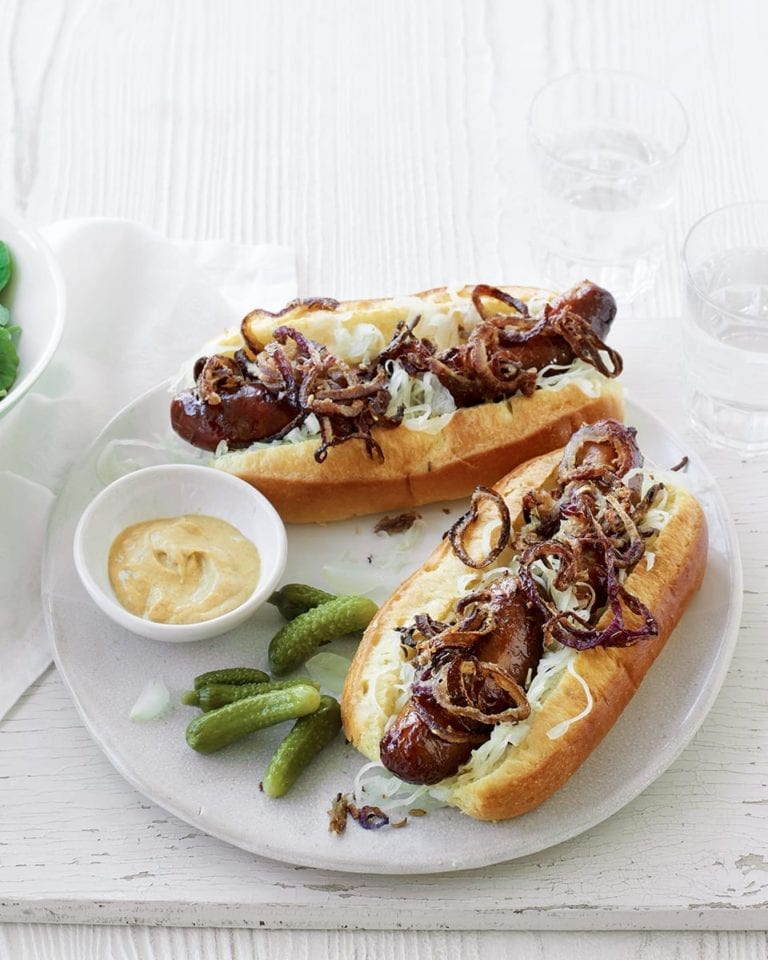 Hot dogs with sauerkraut and crispy fried onions