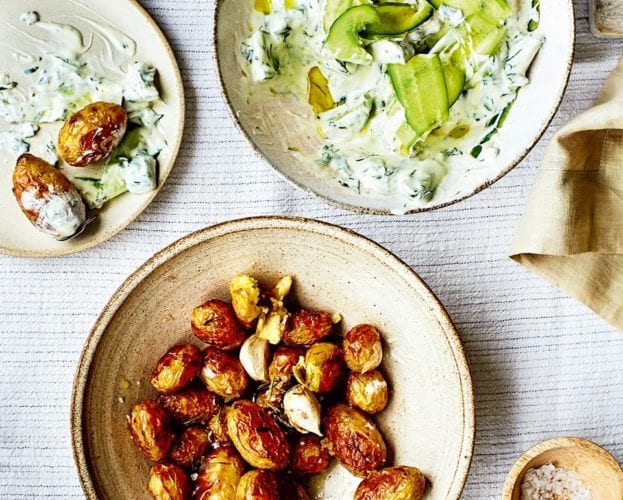Cucumber, herb and garlic yogurt with mini roast potatoes