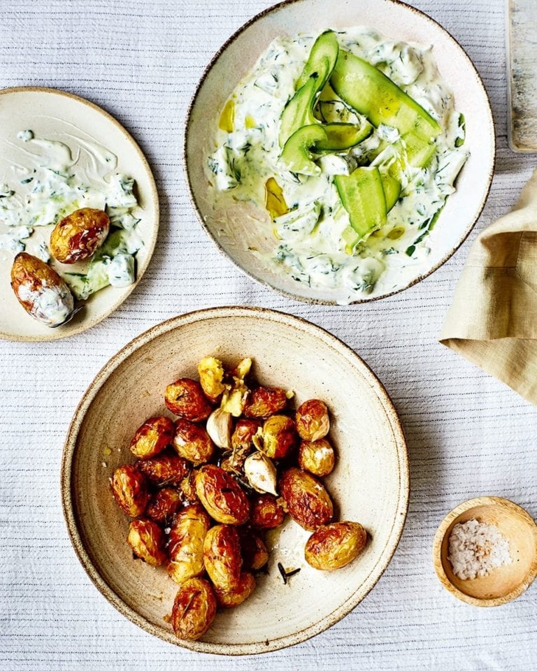 Cucumber, herb and garlic yogurt with mini roast potatoes