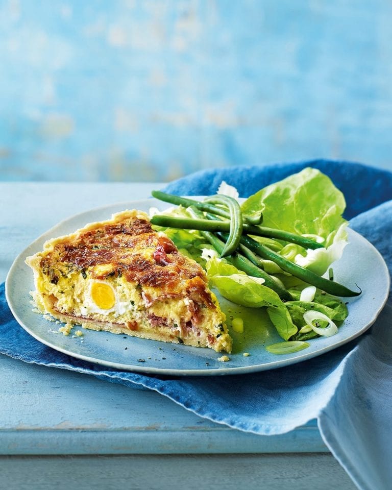 Ham and Boursin quiche with quail eggs