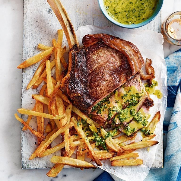 Rib steak for two with pesto hollandaise and skinny oven chips