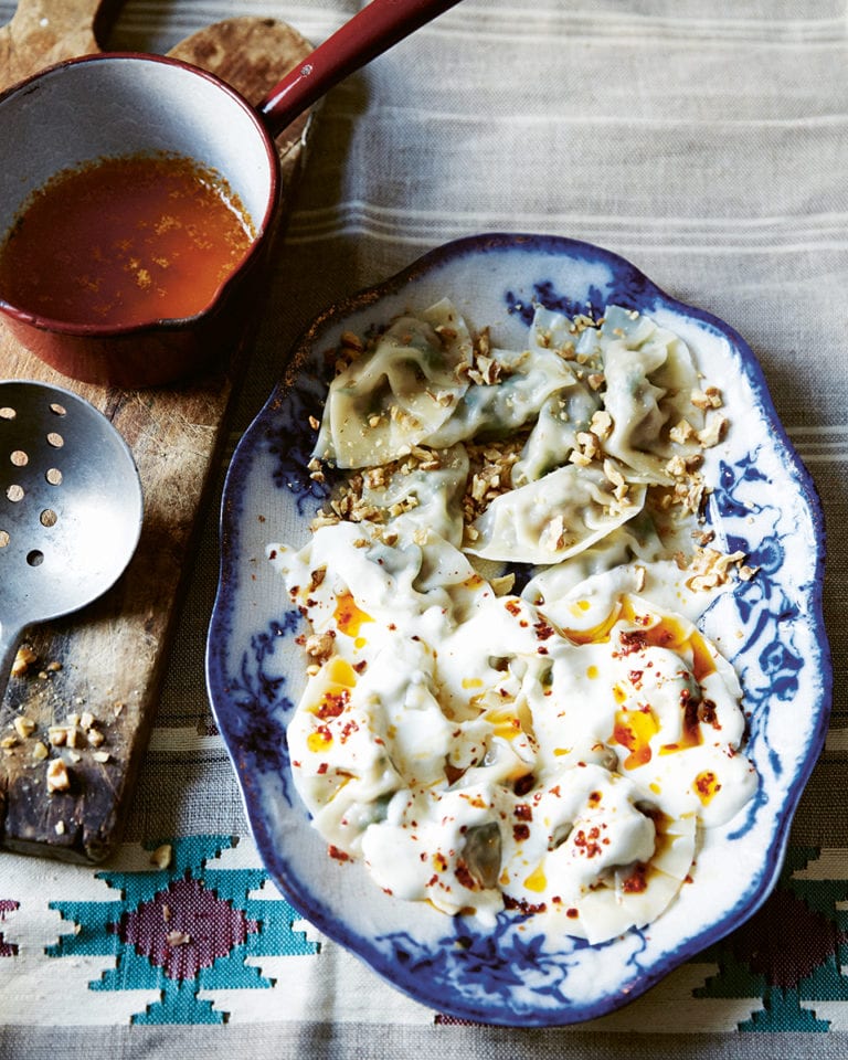 Lamb manti with yogurt sauce and walnuts