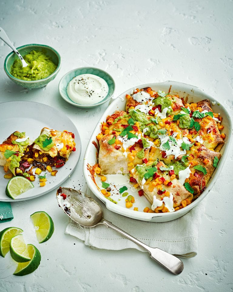 Black bean, sweetcorn and red pepper chimichangas