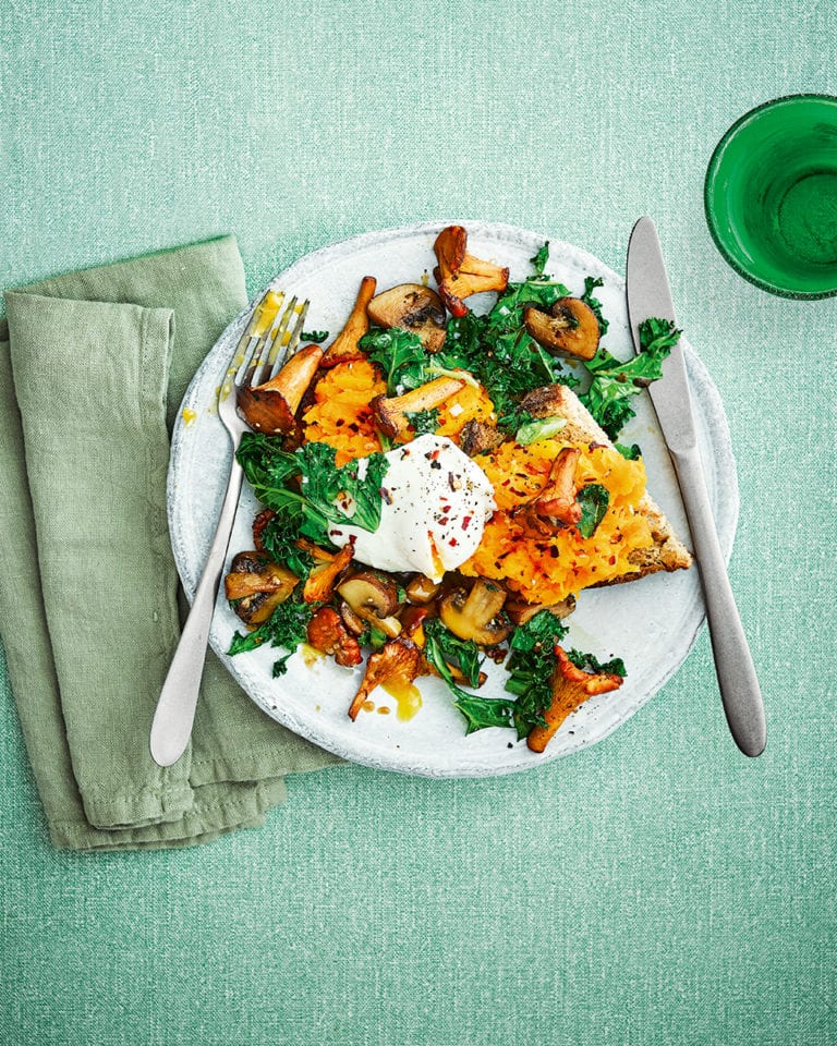 Poached egg, squash, mushrooms and kale on sourdough