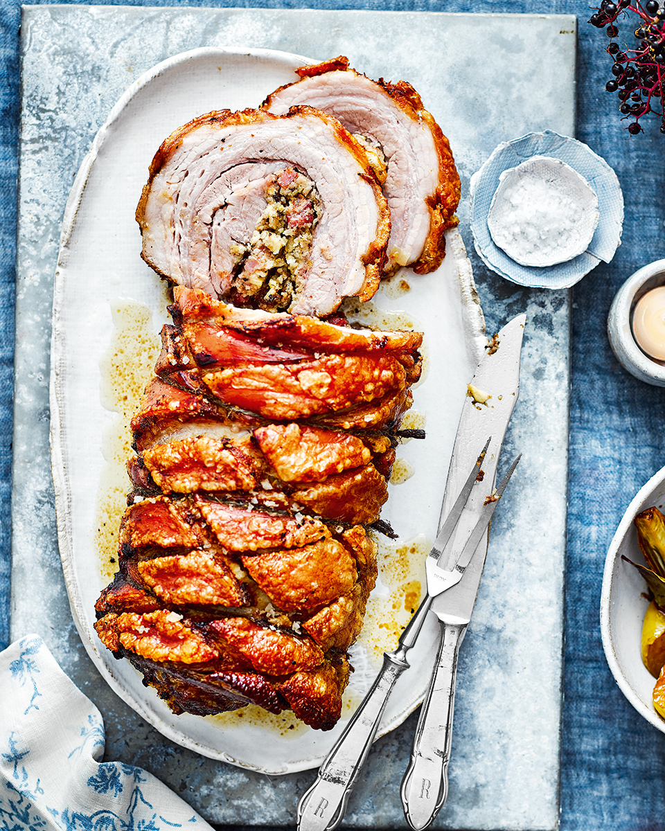 Prune and apple stuffed pork belly with roast fennel and apples recipe