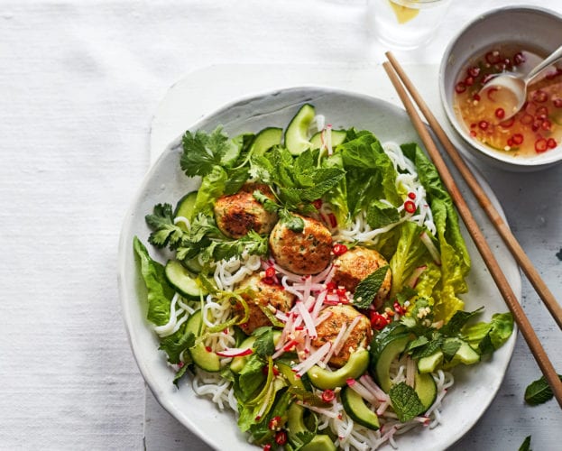 Warm turkey meatball noodle salad