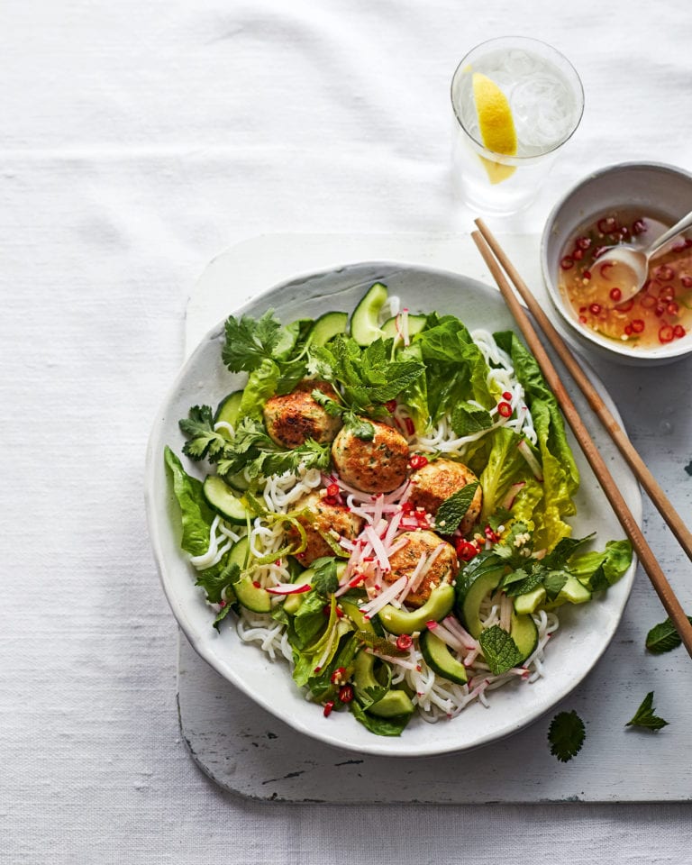 Warm turkey meatball noodle salad