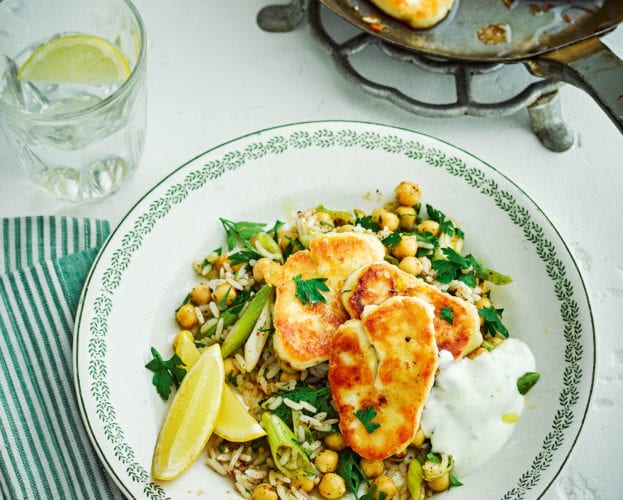 Fried halloumi with warm harissa, rice and chickpea salad
