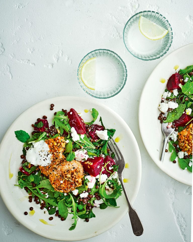 Dukkah-spiced pork with lentil, beetroot, feta and rocket salad