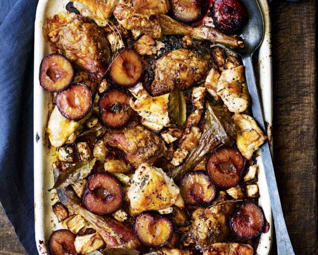 Guinea fowl with plums and celeriac