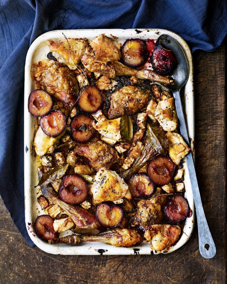 Roast guinea fowl with celeriac and plums