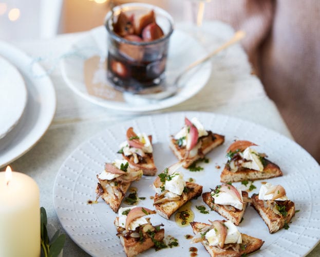 Goat’s cheese and chicory crostini with balsamic pickled shallots