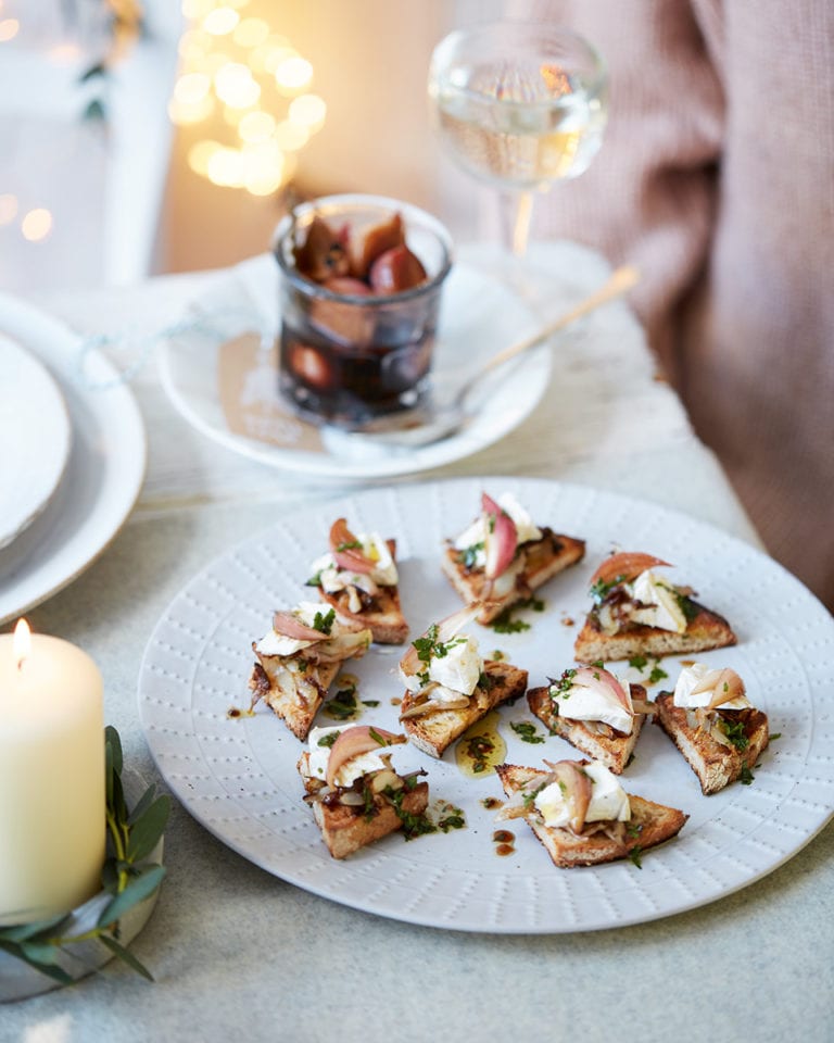 Goat’s cheese and chicory crostini with balsamic pickled shallots