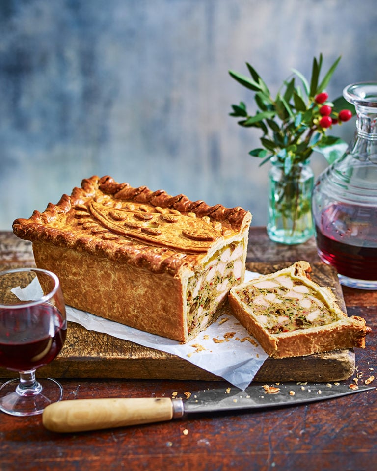 Coronation chicken pie with mango jelly