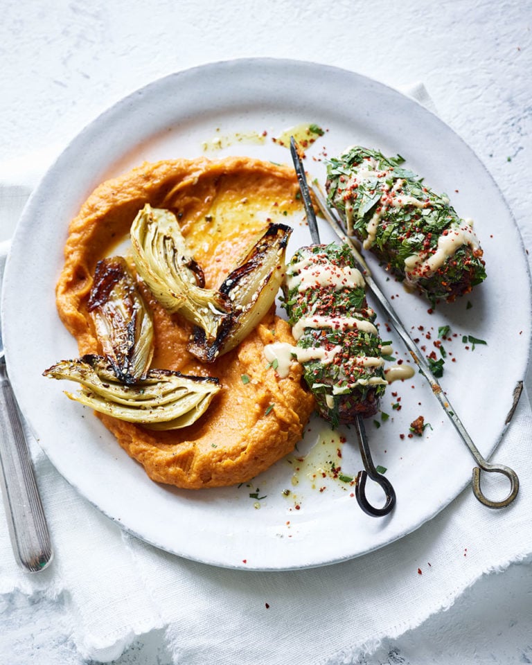 Vegan Turkish kebabs with chilli sweet potato mash and roasted veg