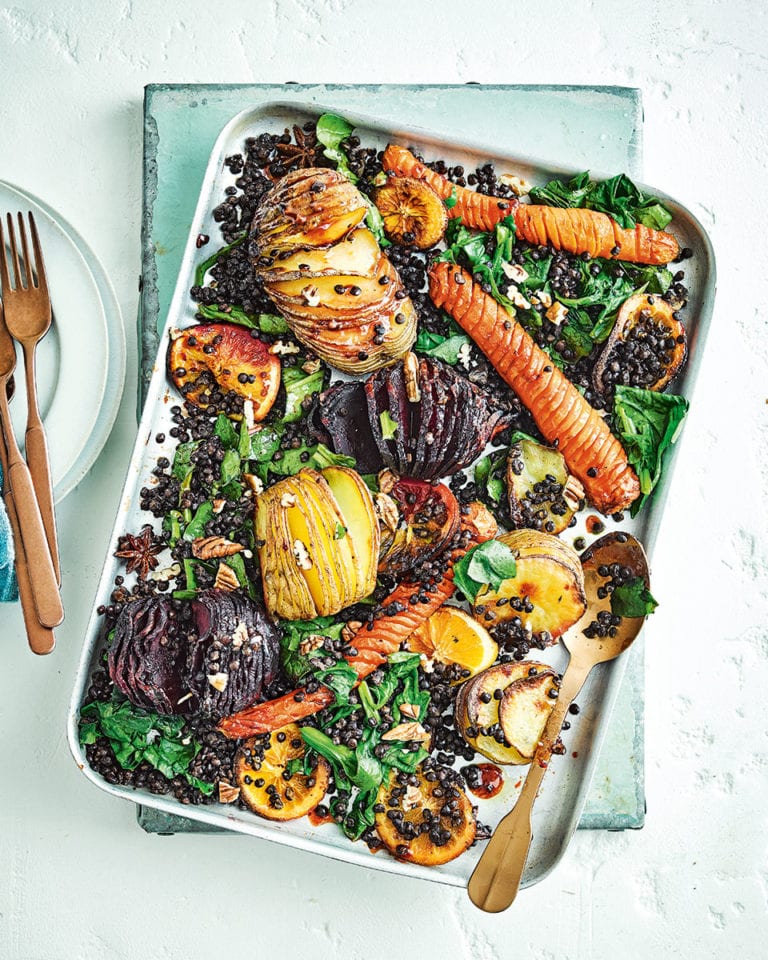 Hasselback miso roasted vegetables