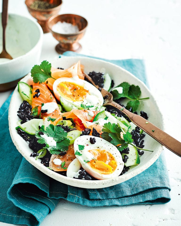 Smoked salmon and ginger black rice bowl