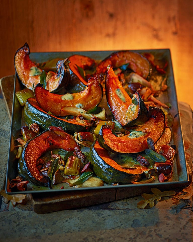 Roast pumpkin with mushrooms, leeks and stilton