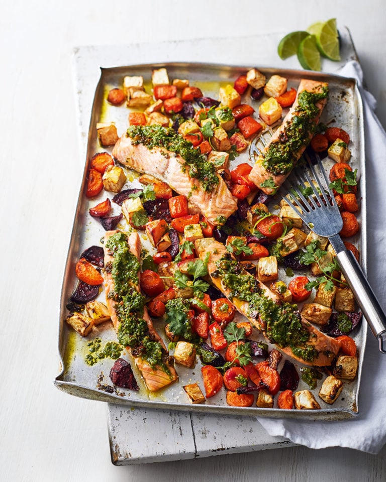 Salmon and root vegetable traybake with quick coriander pesto 