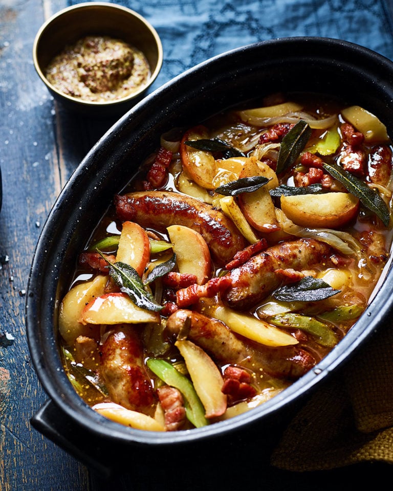 Sausage and cider casserole with apples and sage