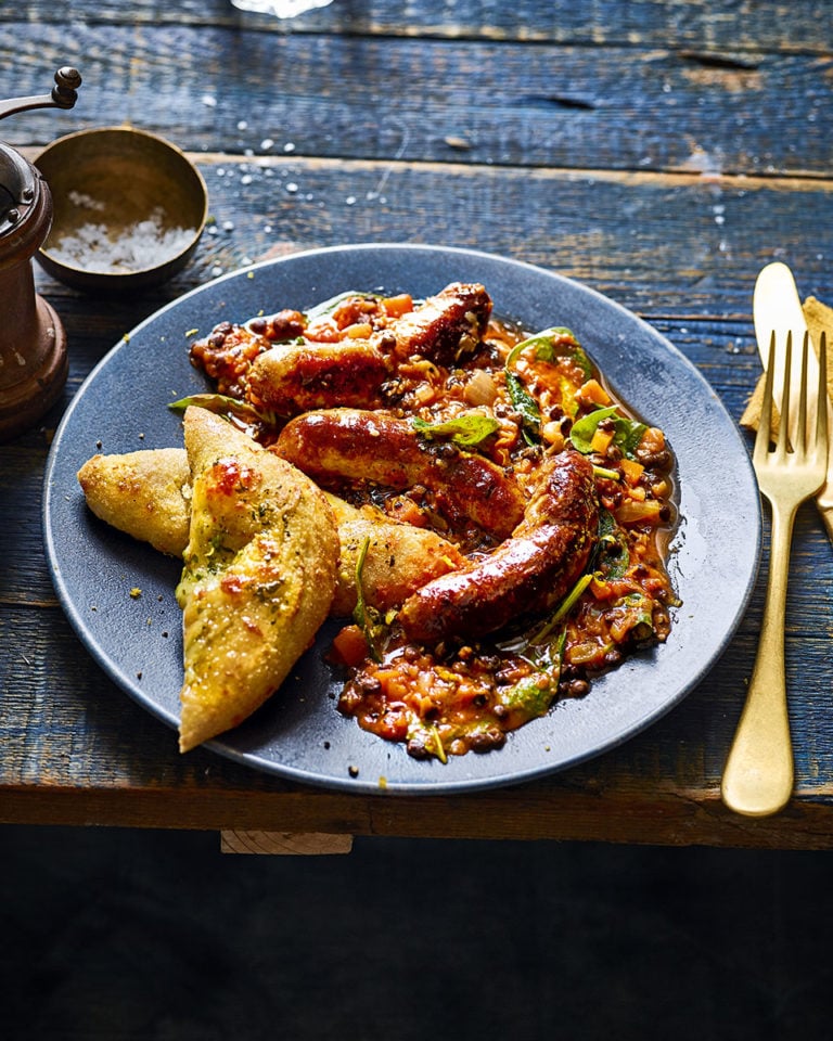 Spicy sausage and lentil casserole