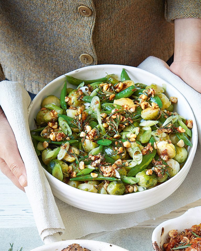 Sprouts and sugar snaps with hazelnut and rosemary butter