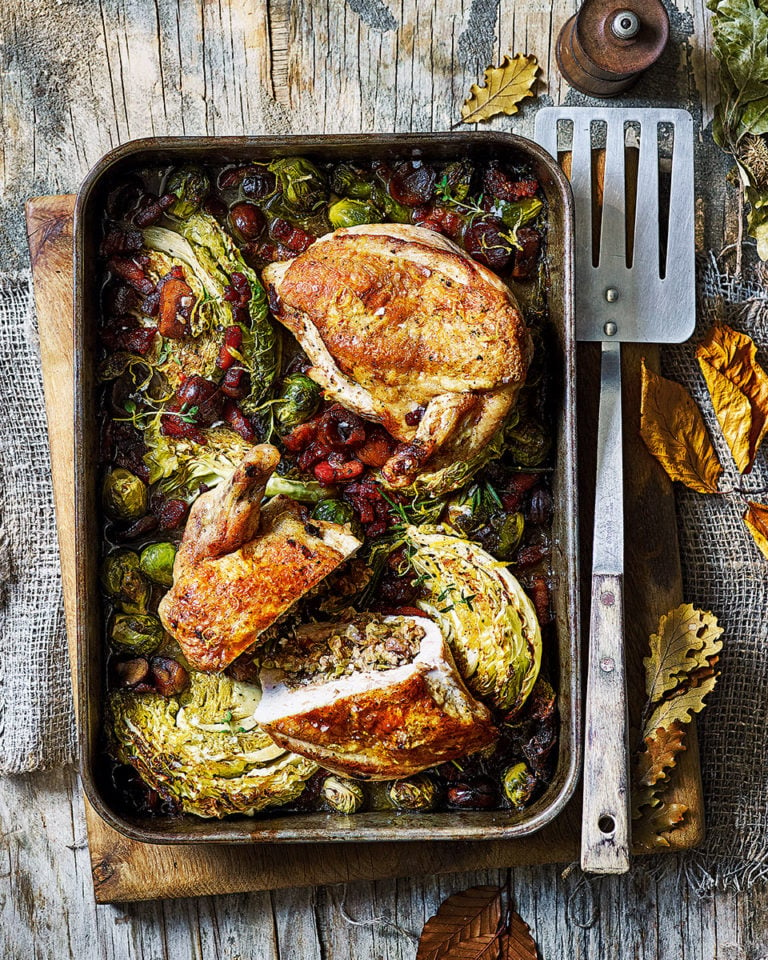 Chestnut and leek stuffed chicken supremes