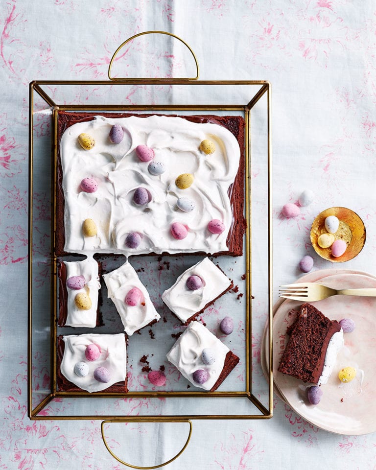 Chocolate and marshmallow mini egg traybake