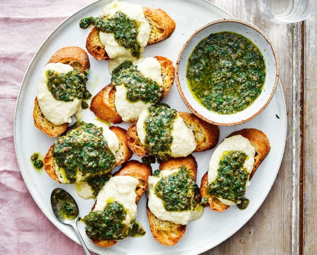 White bean crostini with anchovy and lemon salsa