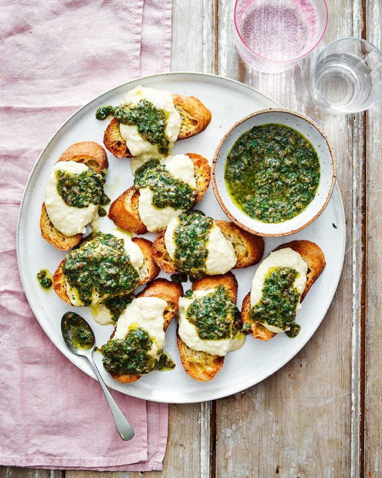 White bean crostini with anchovy and lemon salsa
