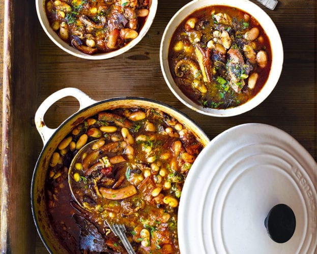 Slow-cooked squid with white beans, bacon and lemon