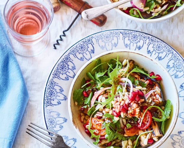 Barley, aubergine and pomegranate salad