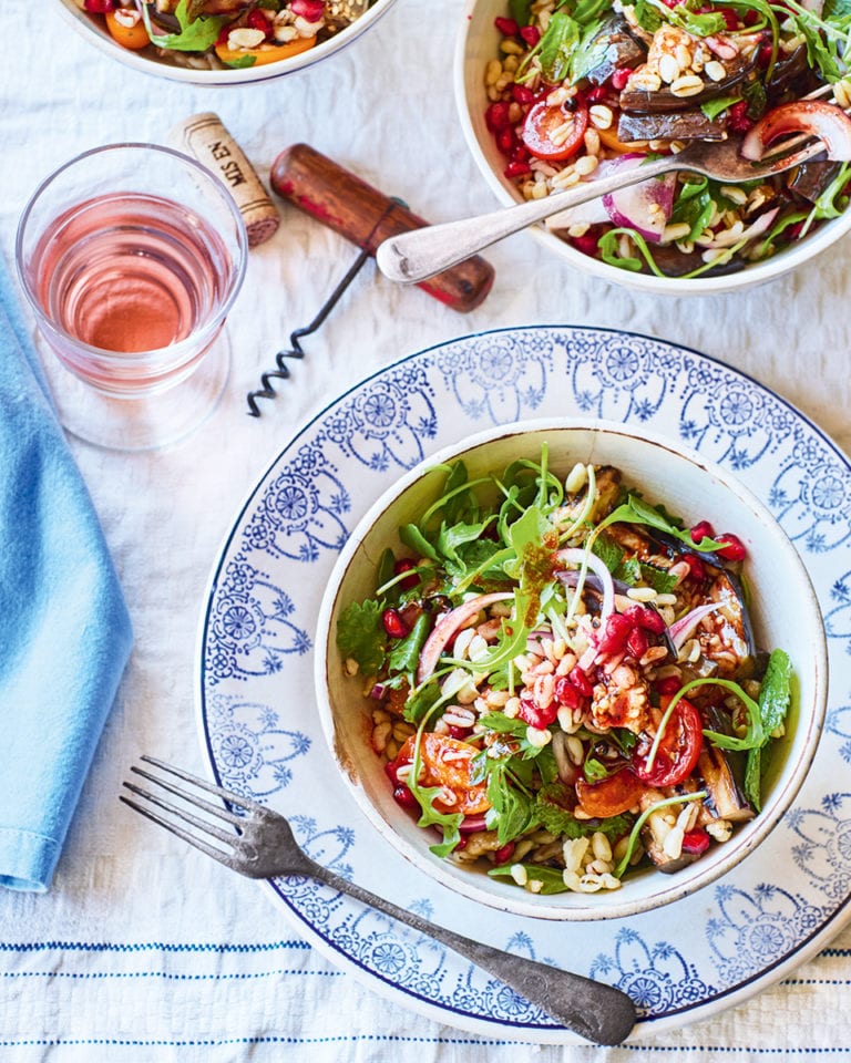 Barley, aubergine and pomegranate salad