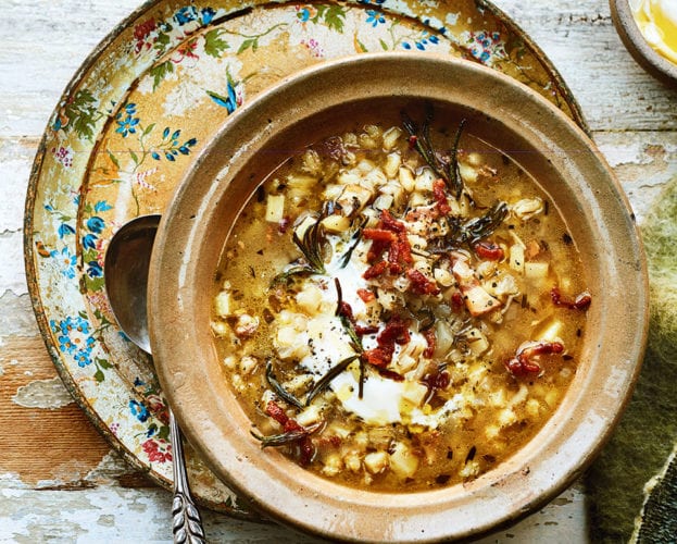 Celeriac, bacon  and barley soup